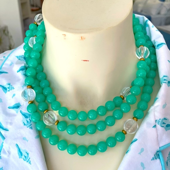 Jewelry - Three stranded Chrysoprase & Rock Crystal Beaded Necklace